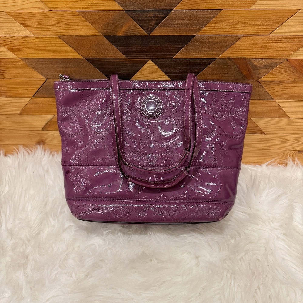 Coach Stiched C Signature Stripe Berry Plum Purple Leather Tote